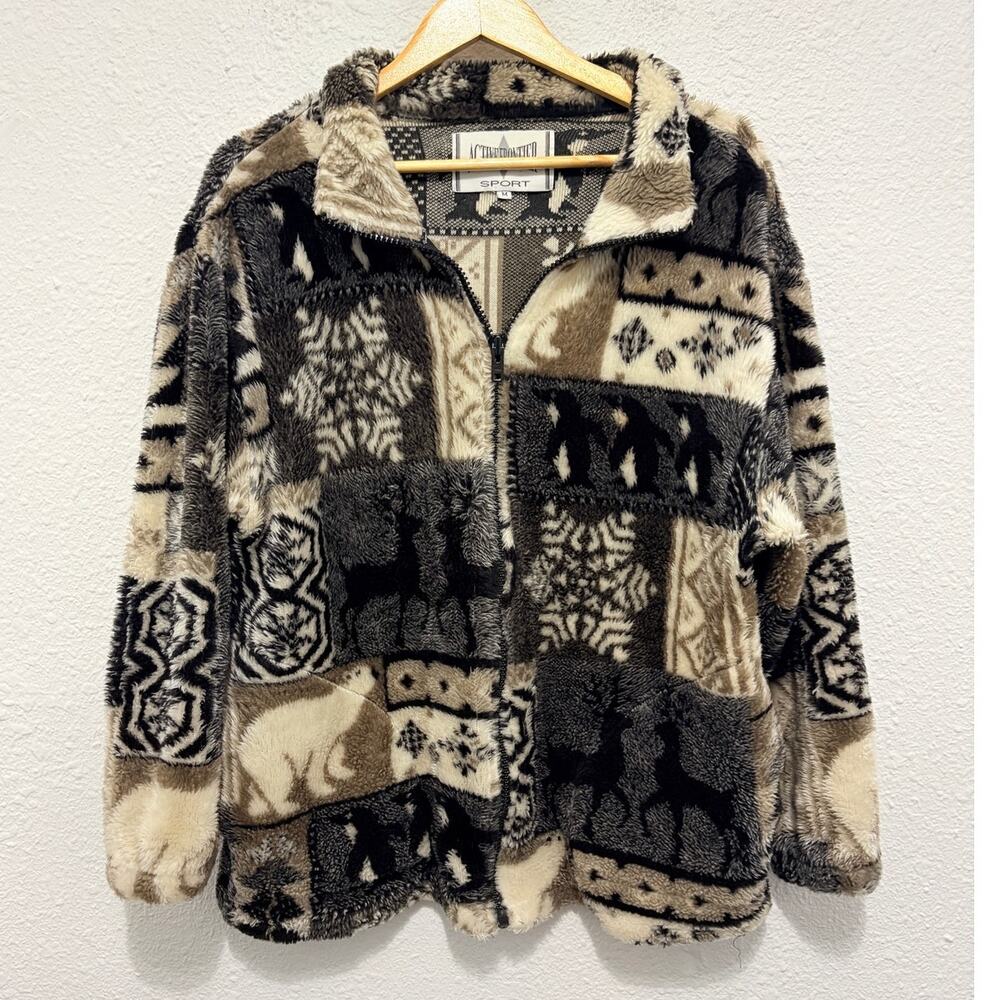 Vintage Winter Fleece Zip Up Jacket 90s Animals Arctic Fuzzy Snowflake Funky